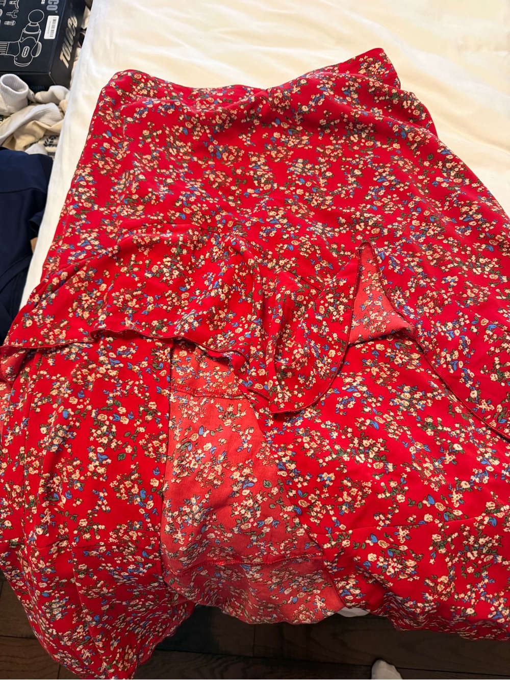 Red Floral Ruffle Hem High Low Asymmetric Women's Skirt